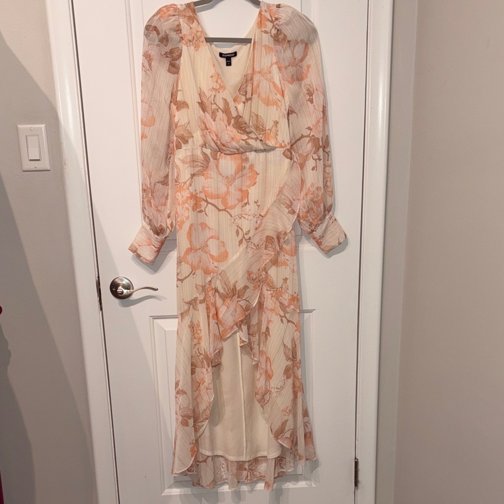 Express Cream and Orange Floral Long Sleeve Dress